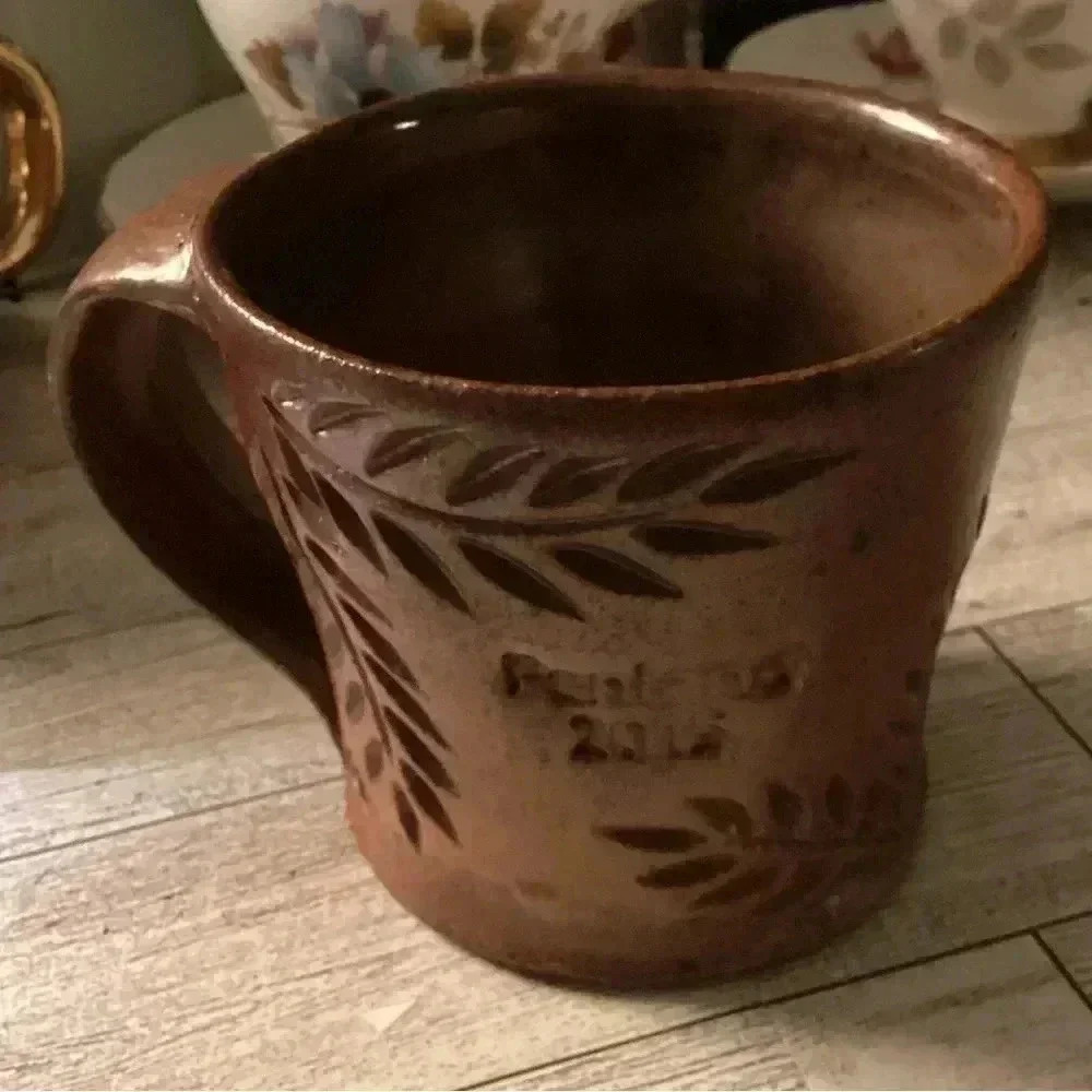Penland 2015 Stone Pottery Brown Coffee Nug with Chunky Handle Leaves Pattern